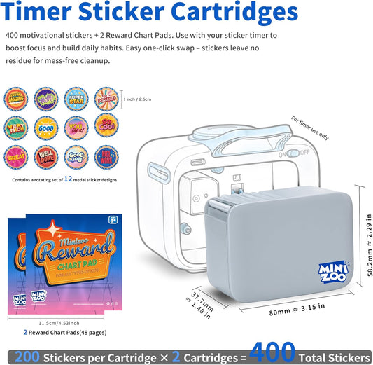 Refill Kit for Minizoo Sticker Timer, 2 Cartridges with 400 stickers and 2 Reward Chart Pads, 400 pcs Medal Stickers and 48 pages charts for ADHD Focus, Classroom & Home Study Tool